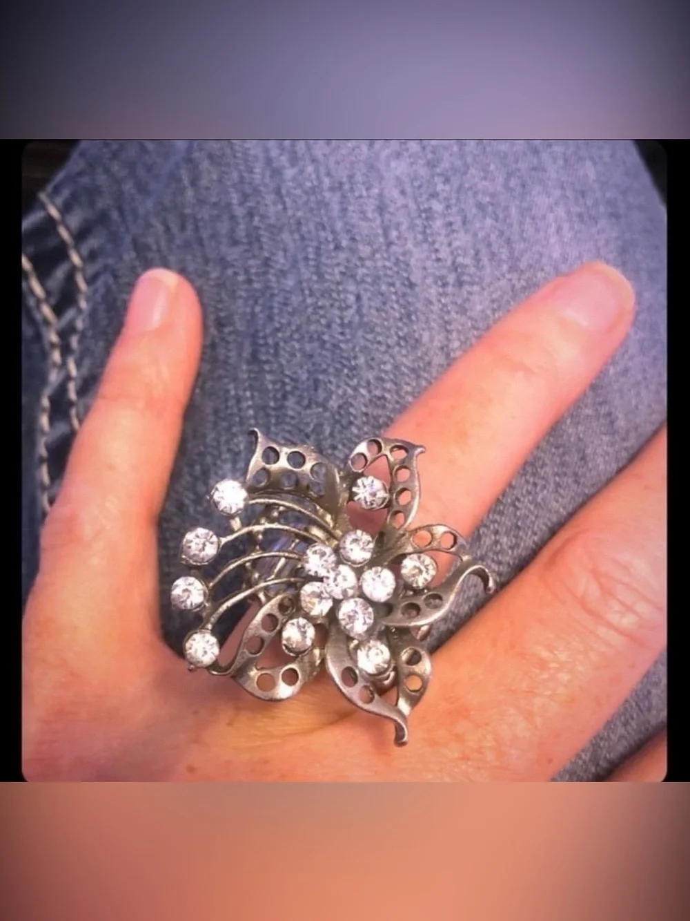Vintage Silver Tone Floral Rhinestone Statement Ring Adjustable Bling
